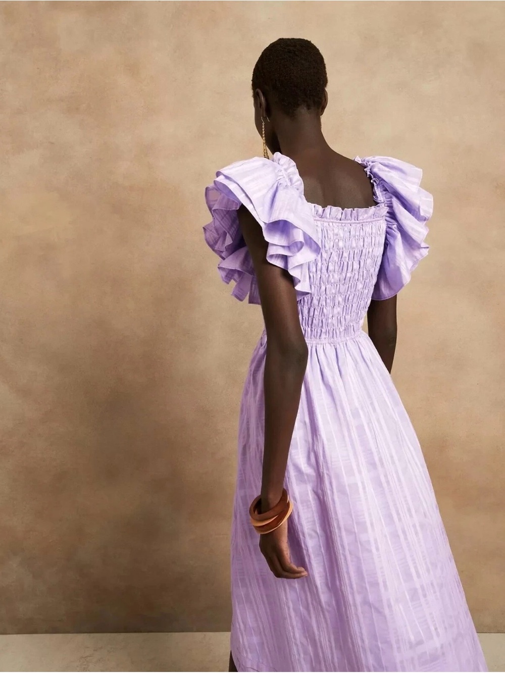 Banana Republic Lilac Ruffled Sleeve Smocked Midi Dress